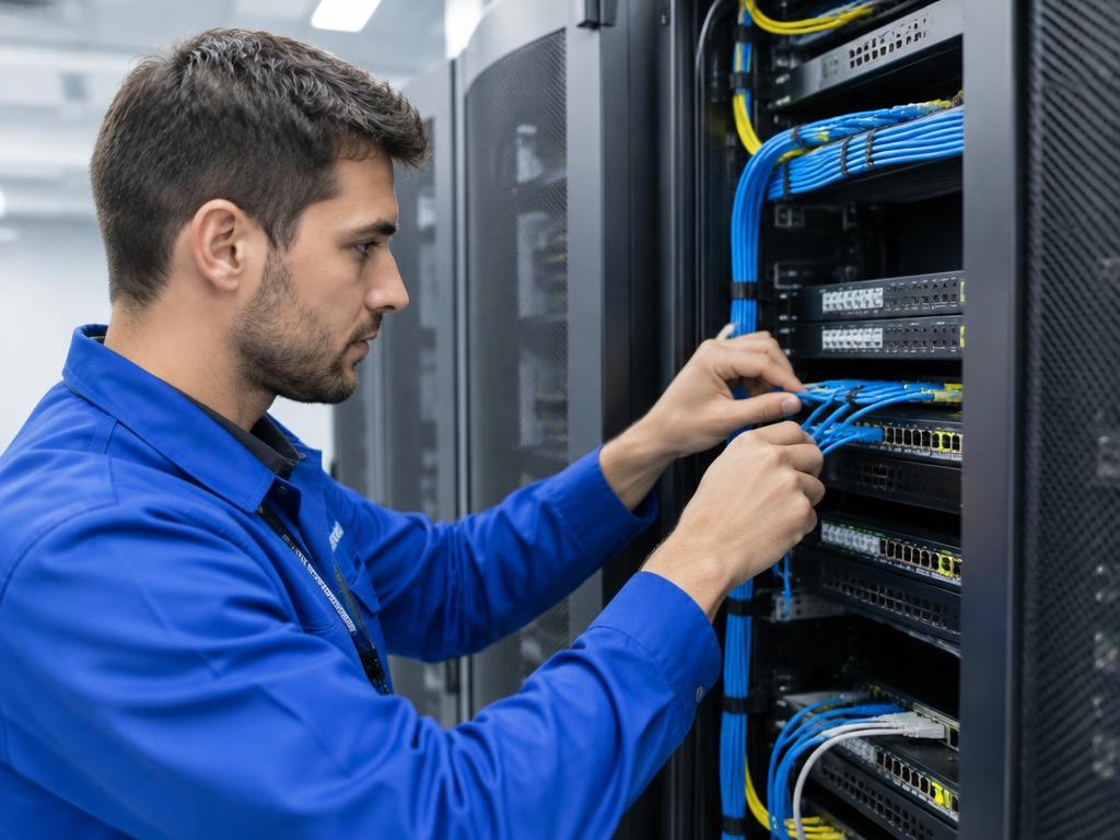 Technician working on network rack